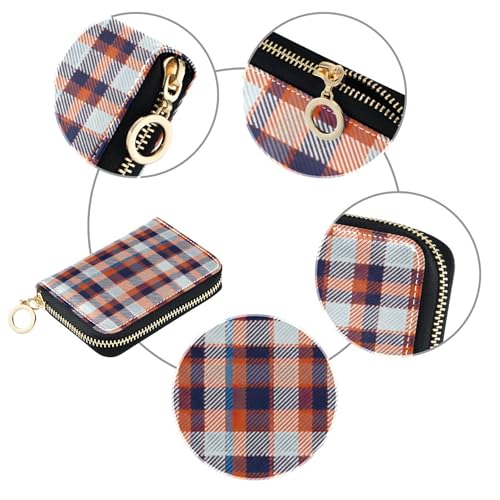 RFID Blocking Credit Card Wallets Leather Women Wallet Zip Around Zipper Change Purse with Key Ring Plaid Alternating Colors Blue Orange4