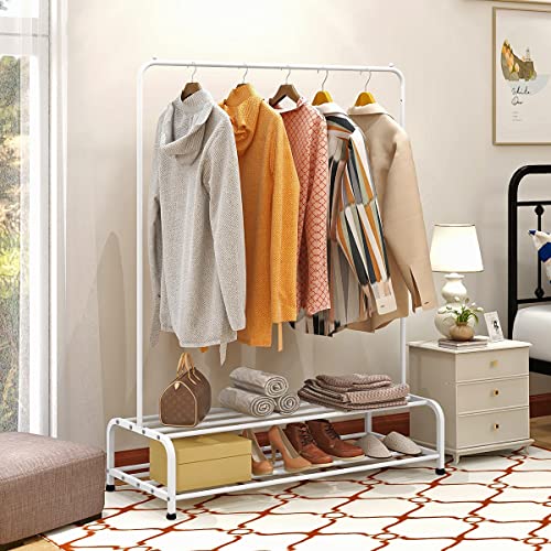 Kleiderständer Freistehend,Kleiderstange,Garderobenständer metall,Garderobenständer mit Oberer Stange und Ablagen für Schuh, Multifunktional Kleiderstange aus für das Schlafzimmer Flur,Weiß thumbnail