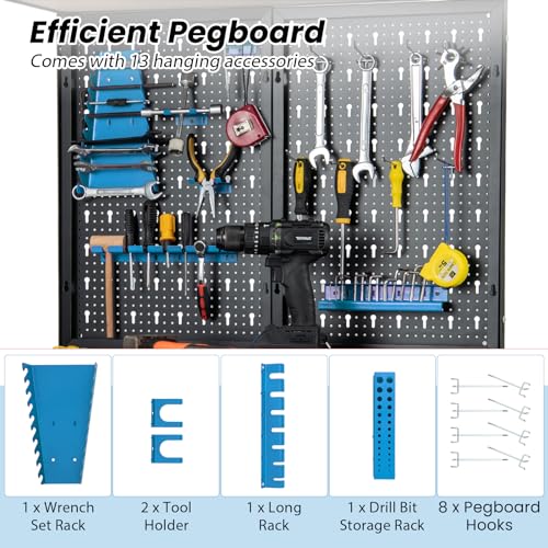 COSTWAY Workbench with Pegboard, Metal Garage Work Bench with 13 Hanging Accessories & Drawer, Heavy Duty Tool Storage Workstation Unit for Workshop Warehouse, 81x41x156cm, 290kg Capacity (Blue+Black) 3 COSTWAY Workbench with Pegboard, Metal Garage Work Bench with 13 Hanging Accessories & Drawer, Heavy Duty Tool Storage Workstation Unit for Workshop Warehouse, 81x41x156cm, 290kg Capacity (Blue+Black) - Image 3