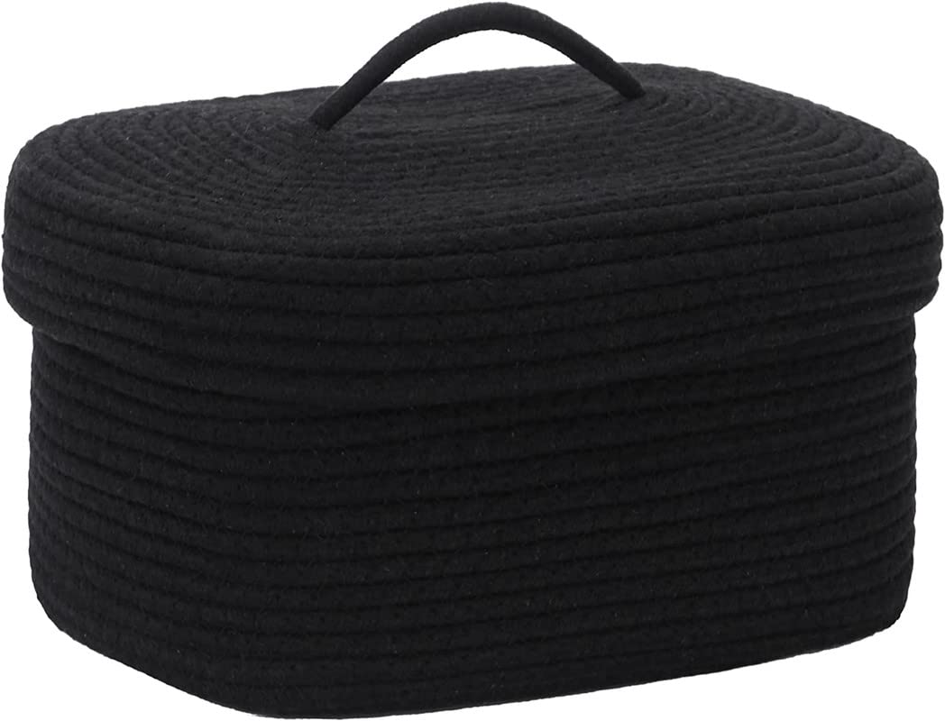 MANSA TRADERS Oval Cotton Rope Storage Basket With Lid, Woven Bin, Nursery Container, Diaper Caddy, Baby Shower Organizer, 15 x 11 x 6.5 Inches (Medium, Black)
