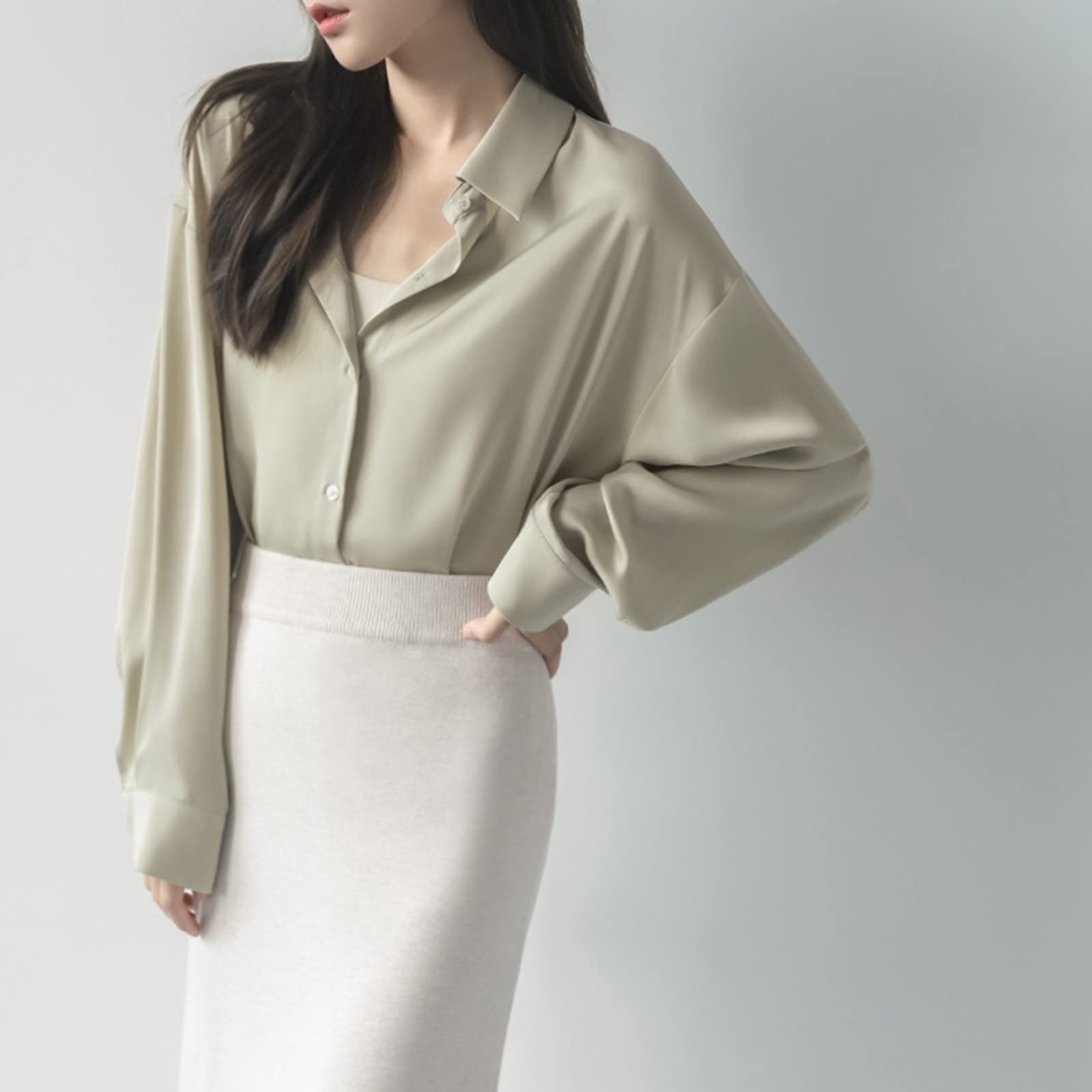 Damen Satin-Hemden – Modische Damen-Langarmhemden, Frühling, Herbst, Lässig, Büro, Damen, Oberteile, Lockeres Revers, Einreihig, Grün, Elegant, Outdoor, Business, Party