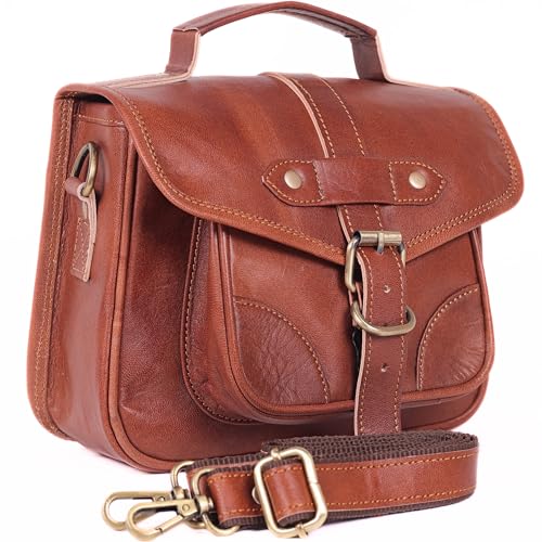 Small Genuine Leather Crossbody Bags for Women, Brown Leather Purse Satchel Bags for Women, Cute Saddlebag Messenger Crossbodies Vintage Purse Handbag for Ladies Holds Phone, Cards, & Keys