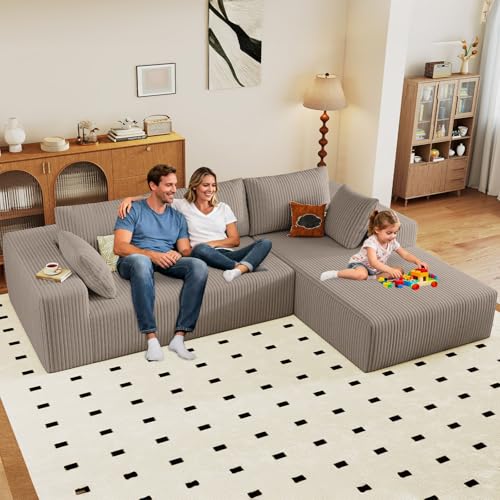 Image of 96 inch Modular Sectional Couch, Boneless L Shaped Cloud Sofa with Chaise Lounge, Corduroy Upholstered Couches Memory Foam Deep Seat, No Assembly Required, Ideal for Living Room(Camel, Right Facing)