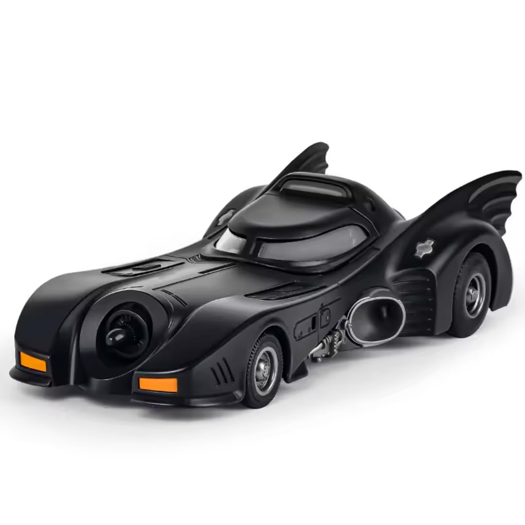 PLUSPOINT Diecast Black Bat Car 1/24 Scale Model, Pull Back Vehicles Alloy Simulation Supercar with Lights and Sound and Smoke Also for Vehicle Dashboard,Kids,Adult (Black Car)