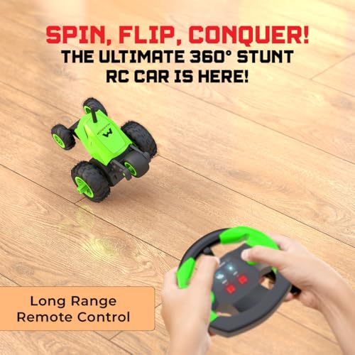 Image of Mirana Warrior 360 Remote Control Stunt RC Car for Kids | Dual Motor, 7 Auto Stunt Modes, Speed Boost & LED Headlights | Rechargeable Vehicle Toy (Neon Green)