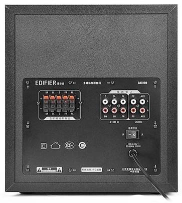Rear panel of the Edifier DA5100 subwoofer showing all input and output connections, including 5.1 channel inputs, PC input, AUX input, and speaker output terminals