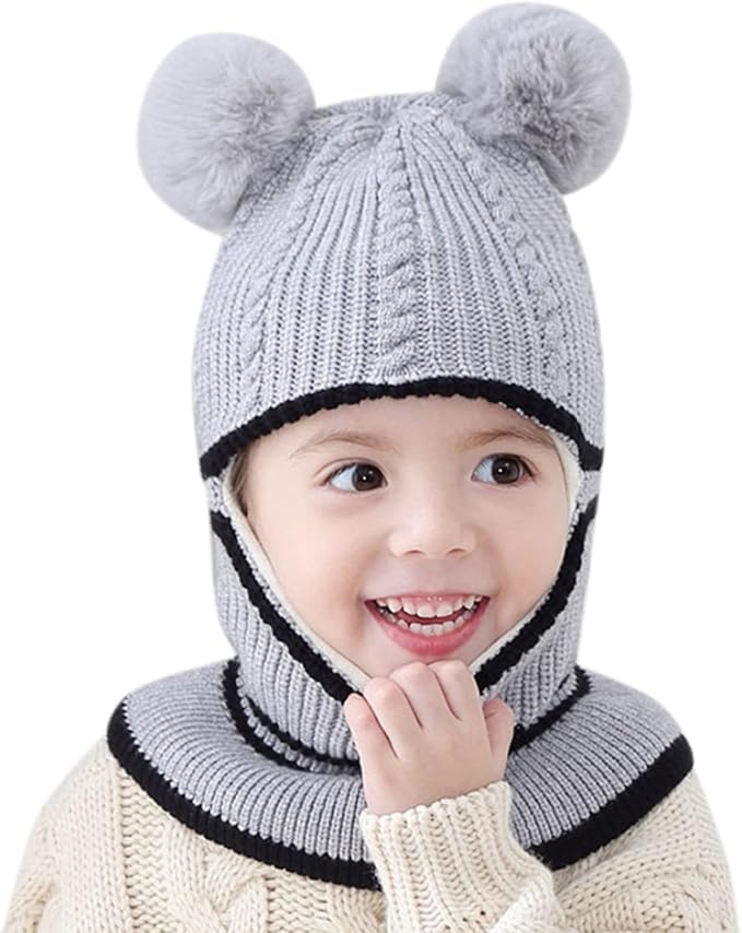Image of Toddler Winter Hat With Scarf and Earflap Hood - Fleece Lined Monkey Cap for Baby and Kids (6 Months to 7 Years)