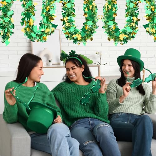 Image of 50FT St. Patrick's Day Tinsel Garland Shamrock Hat Green Gold Metallic Tinsel Twist Garland for Irish Saint Patricks Day Party Home Decor Indoor Outdoor Decoration