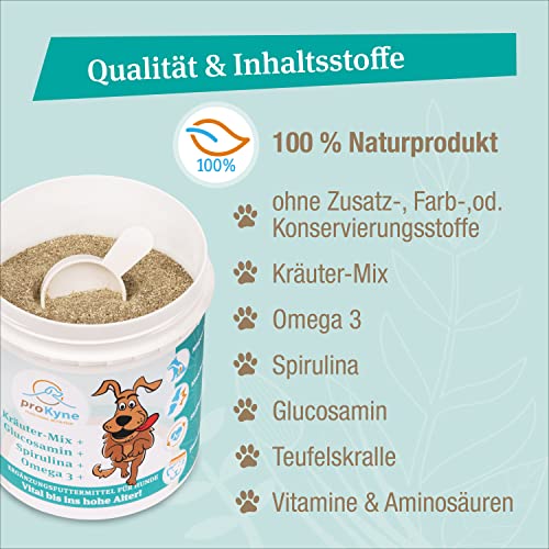 proKyne FUNCTIONAL NUTRITION 200g Kräuter Pulver | All-in-One Nahrungsergänzung Multivitamine für Hunde | Unterstützt Gelenke Immunsystem Haut Fell Vitalität Verdauung. Für Erwachsene Tiere