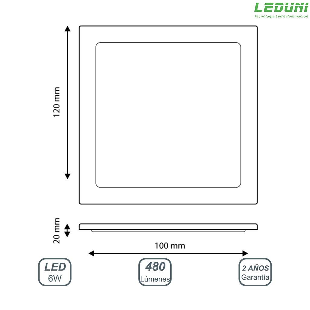 LEDUNI ® Pack 10 Unidades Downlight Panel NÍquel Cuadrado 6W 480LM Luz Neutra 4000K Angulo 120 IP44 120X120x22H MM Dimension de Corte 105x105MM