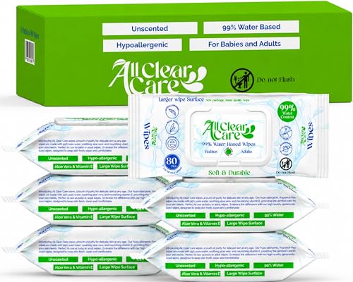 All Clear Care Baby Wipes, Unscented for Sensitive Skin, Large Soft Durable & 99% Water Based, Gentle & Hypoallergenic for Babies & Adults, Vitamin E and Aloe, Flip Top Lid, 6 Pack, 480 Count