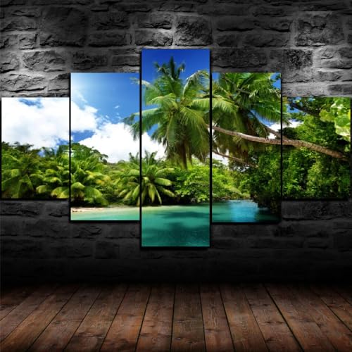 Tableau palmier nature paysage océan en 5 parties pour décoration murale, cadre 100x55cm