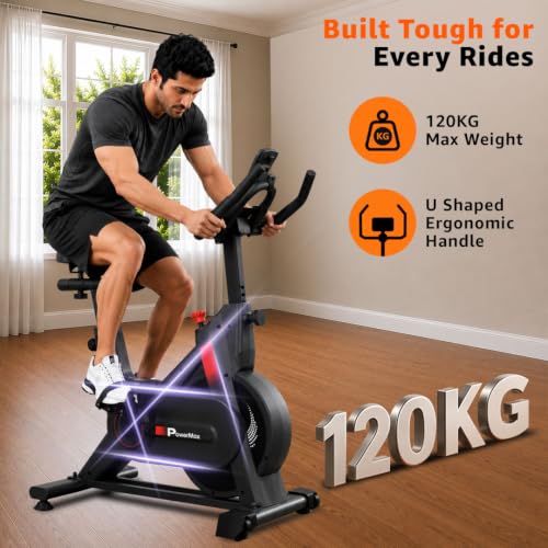 Image of PowerMax Fitness BS-128 Spin Exercise Bike for Home Use | 7KG Flywheel | Belt Drive System | Friction Resistance | LCD Display | Anti-Slip Pedals | Adjustable Seat & Handlebar