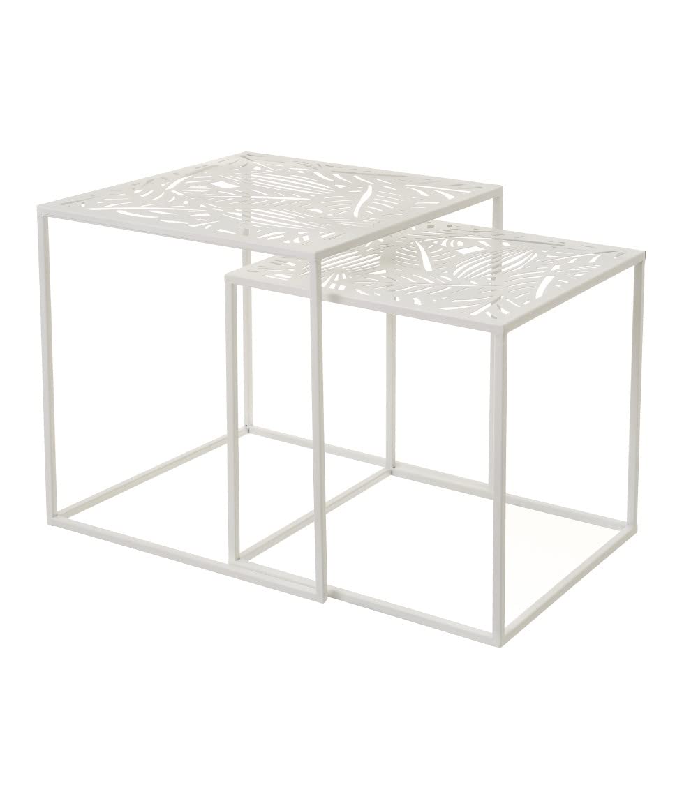 Home Heavenly® - Pack 2 Mesa Auxiliar Frida. Mesa Nido metálica Motivo Hojas. Sala de Estar, mesita de Noche Industrial. (Blanco)