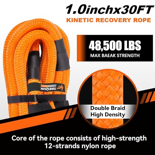 Image of Kinetic Recovery Rope (1 inch x 30ft 48500lbs), Kinetic Tow Rope Recovery Kit with 2 Soft Shackles, Heavy Duty Offroad Snatch Strap, 35% Elasticity Tow Ropes for Trucks SUV UTV ATV Jeep Tractor