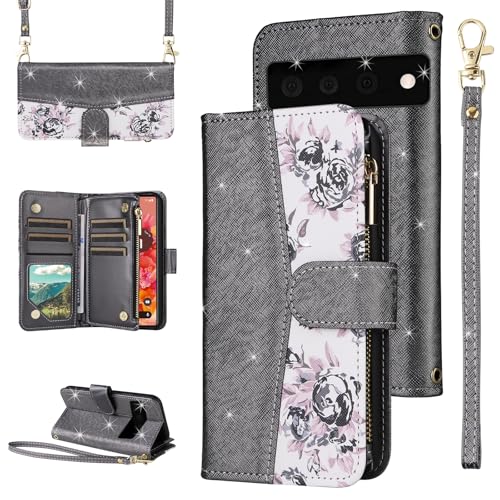 Furiet for Google Pixel 6 Floral Wallet Case with Flip Zipper Purse Wrist Strap Shoulder Strap Luxury Glitter PU Leather Card Holder Stand Accessories Phone Cover for Pixel6 Pixle Six Women Black