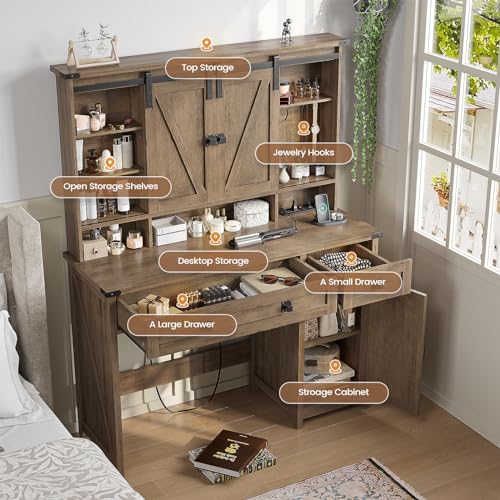 Image of AOGLLATI Makeup Vanity with Lights & Barn Doors, Vanity Desk with Mirror and Lights & Charging Station, Farmhouse Brown Vanity Table with Jewelry Hooks and Open Storage Shelves