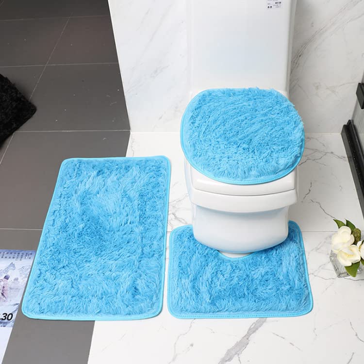 ARLTTH Einfarbiges Badezimmerteppich-Set, 3-teilig Badteppich, Weich, Saugfähig, rutschfest, Badematte, Teppiche Und Toilettendeckelbezug, Waschbar, Hellblau