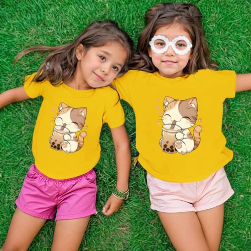 Image of KEEVICI Cute Cat Shirts for Girls Graphic Tees Bubble Tea Tshirt Kids Kawaii Cartoon Animal Print T Shirt Summer Cotton Tops