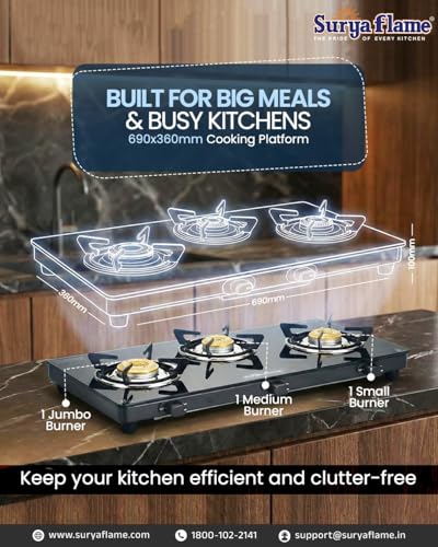Image of Surya Flame Creta Gas Stove 3 Burners | Tri-pin Brass Burner | 3 Burner Gas Stove Glass Top, Stove 3 Burner, Ultra Slim Design with Toughened Glass Top, Removable Drip Tray, ISI Certified