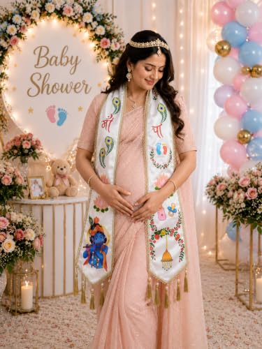 Image of Mom to Be Baby Shower Dupatta for Godh Bharai and baby shower Stoles with Bal Krishna Print, Ceremonial Festive Seemantham Functions FREE Shreenathji Brooch Pin for Dad to Be