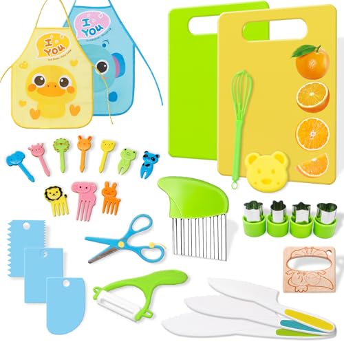 30 pièces kit Couteaux de Cuisine pour Enfants, sécurité ustensile Montessori, avec Couteau en Bois, Moule à Sandwich, Jouet Cuisine pour Enfants à partir de 2 3 4...