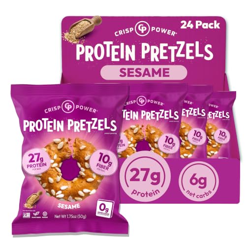Crisp Power Sesame Protein Pretzels, High Protein Snack, 24 Pack