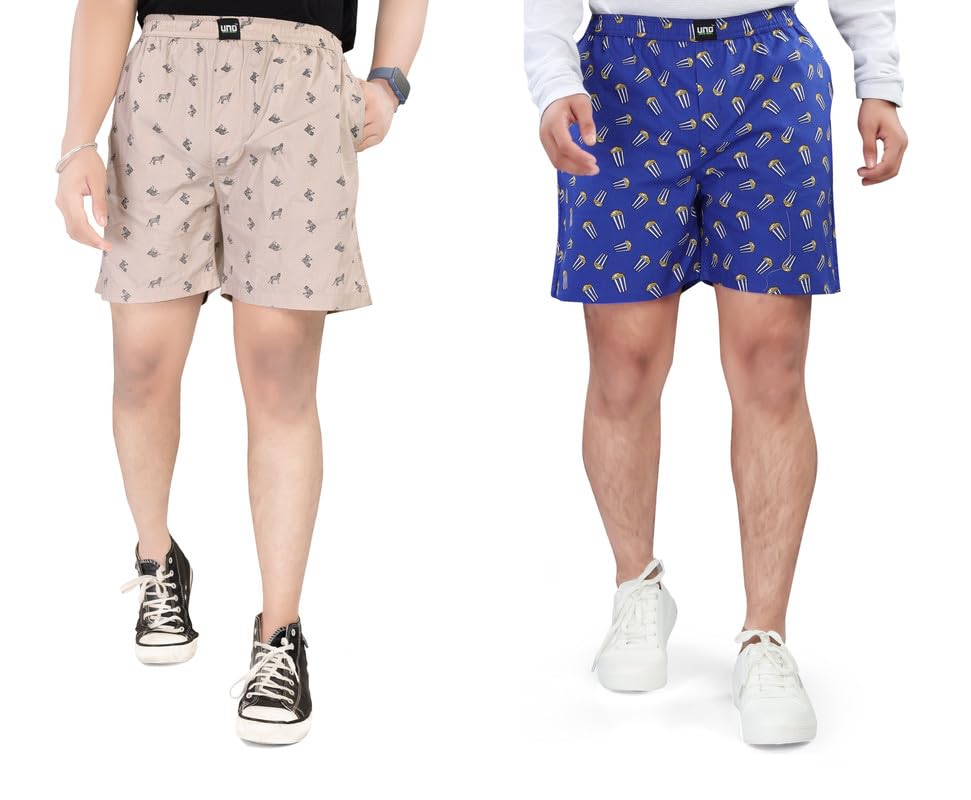 Image of UNOseven Shorts for Boys - 100% Cotton Printed with Side Pockets - Pack of 2 - Available from Size 7 Years to XL