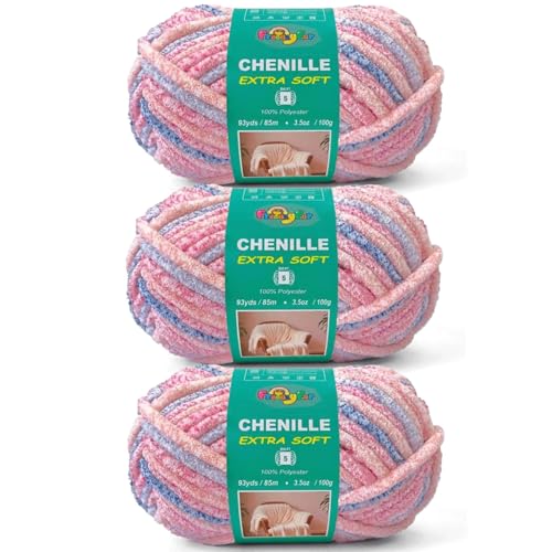 Image of Super Soft and Cozy Chenille Yarn for Crocheting and Knitting -Easy to Crochet with-Bulky #5, 3.5oz /93yds -Chunky Plush Yarn for Hand Craft Blanket Ammigurumi (Candy Mix, 3 Pack)