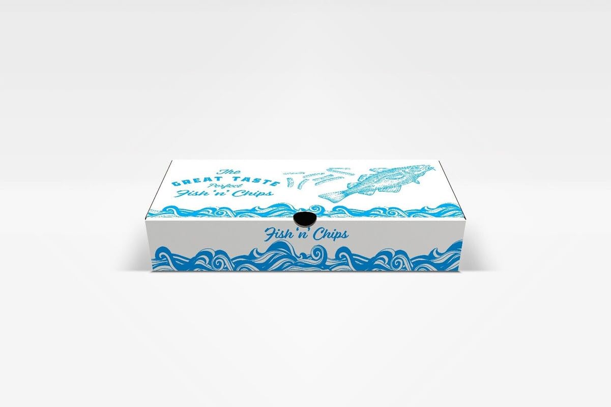 We Can Source It Ltd - Corrugated Card Fish and Chips Takeaway Small Boxes 155x260x52mm with Printed Design – Ideal for Takeout, Fast Food, Restaurants – Disposable, Sturdy and Easy to Use - 50 Boxes