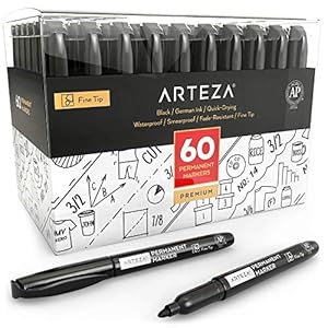 Arteza Zwarte permanent markers, Set van 60 zwarte watervaste stiften met fijne punt, Sneldrogende merkstiften, Niet…