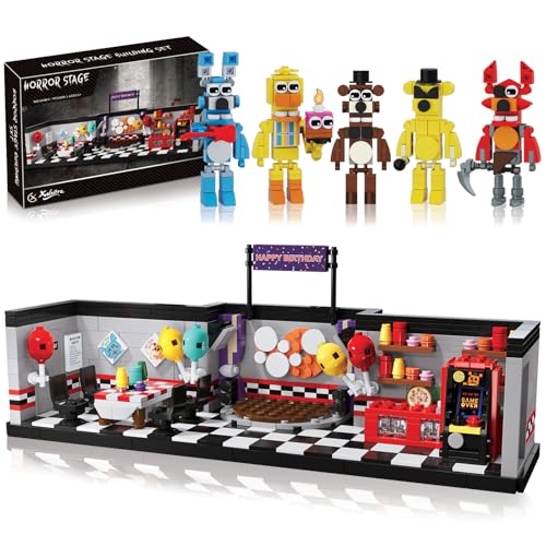 Five Nights Pizzeria Stage Building Blocks Set, Monster Classic Horror Game Halloween Creative Festival Bricks Kit Toys Gifts Merch, Suitable for Fans Boys Girls Kids