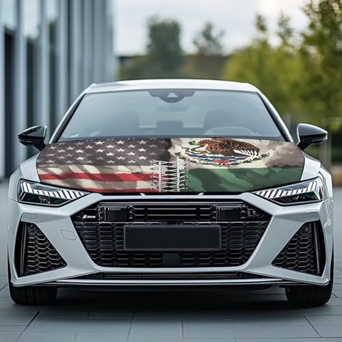 Image of American Mexican Flag Car Hood Cover Stretchable Polyester,Engine Cover,Elastic Fabrics Can be Washed,Car Bonnet All-Season Protection