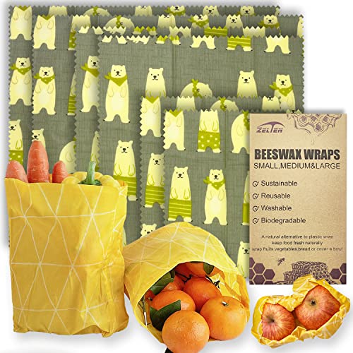 Beeswax Reusable Food Wraps – (6 Packs, 3 Sizes S,M,L, with 1 Meter Hemp Rope, Two Buttons) Plastic and Silicone Free, Eco-Friendly Wrap, Wax Paper for Food,Little Bear