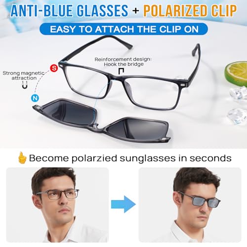 Image of Blue Light Blocking Glasses Men with Polarized Sunglasses Clip for Driving, Computer Glasses Reduce Eyestrain