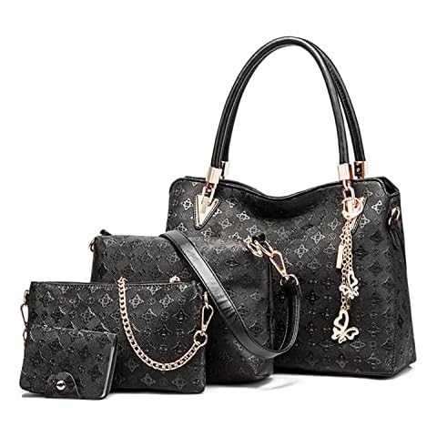 Pahajim Handbags for Women Ladies Shoulder Bags Sets PU Leather Large Tote Bag Crossbody Clutch Purse 4 Piece Top Handle Bag for Work Office Shopping Party(Black) Cover