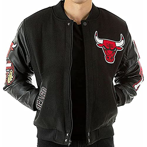 Men’s Chicago Vintage Wool With Faux Leather & Leather Bomber Jacket - Letterman Baseball Varsity Black And Red Bull Jacket