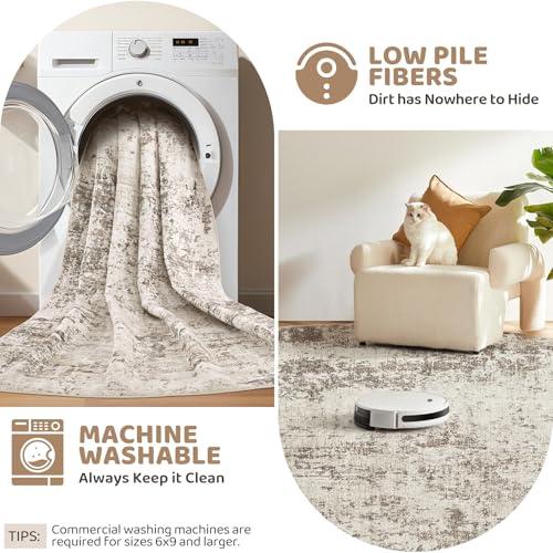 2x3 Entryway Area Rug: Washable Neutral Modern Abstract Small Rug - Non-Slip Low Pile Throw Indoor Carpet for Entrance Kitchen Front Door Mat Bathroom Entry Kids Room - Dark Brown