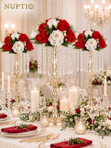Image of NUPTIO Flower Balls Centerpieces for Wedding Tables, Red & White Roses