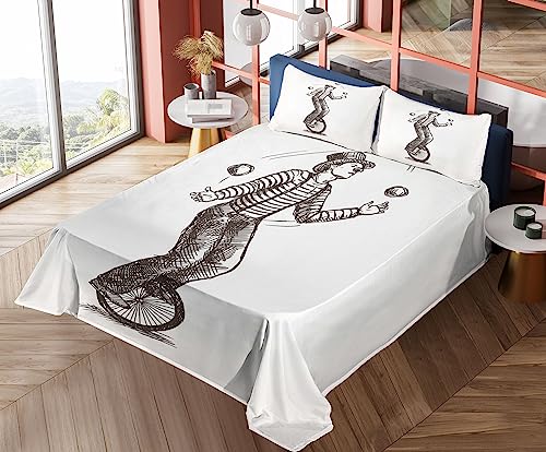 Ambesonne Circus Sheet Set, Retro Style Sketch of Juggler Clown Man Performance on Cycle Bike Bicycle Wheel, Fitted and Flat Sheet with Pillowcases Bedding Accent 4 Piece Set, Queen, Brown and White