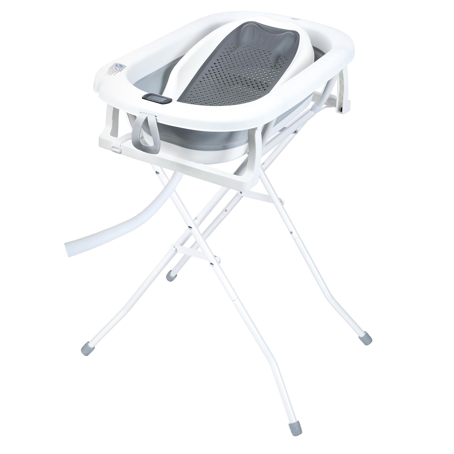 Primabobo Milo Faltbare Babybadewanne mit Gestell und Badesitz, Elektronischem LCD-Thermometer und Ablaufschlauch, Stabiles Bade-Set für Neugeborene und Babys, Grau