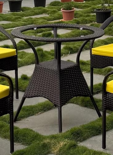 Image of PRATHAM India 4+1 Outdoor Indoor Patio Set Bistro Set Rattan Set Lawn Balcony Hall Outdoor Garden Chair Table Set (Brown Chair & Yellow Cushion)