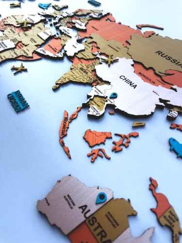 Image of ELK 3D Wooden World Map Wall Decor with Country Names , Capitals & States | Premium Multilayer Laser Cut Wall Art | Easy DIY Installation | Travel Theme Home Decor for Living Room, Office | Size : L (156x89 CM)