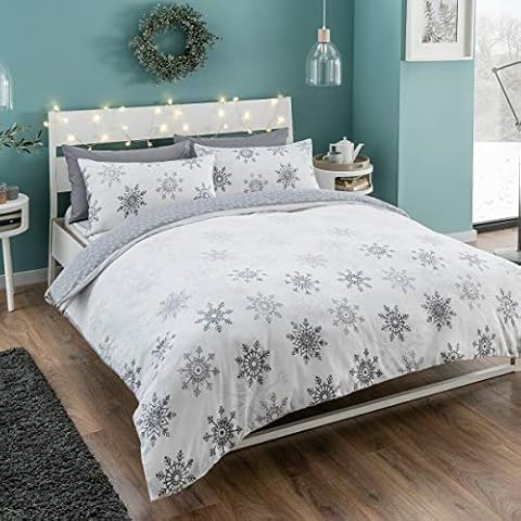 eirene threadz 100% Brushed Cotton Flannel REVERSIBLE Duvet Cover with Pillow Cases Christmas Xmas Festive Bedding Sets (Ombre Snow Flakes, Single) Cover