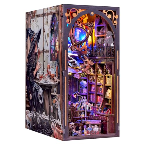 CUBiKRAFT Book Nook, DIY Wooden Dollhouse Miniature Kit, LED Lights and Furniture Included, Magic Shop Miniature House Kit, Book Nook Kit for Adults, Gifts for Family/Friends