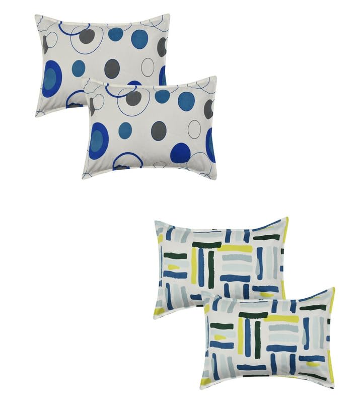 Image of Present Floral Designer Pattren Printed 4 Piece 100% Pure Cotton Pillow Cover Set- 20 inch X30 inch Inches, King Size - White Blue & Green