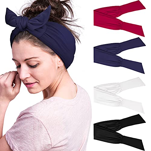 4 Pieces Adjustable Headbands for Women Knotted Headbands Elastic Non-Slip head tie up headband Knotted Hairband Twist Bow Wire Headbands Head Wrap for Women Girls (Black, White, Wine Red, Navy Blue)