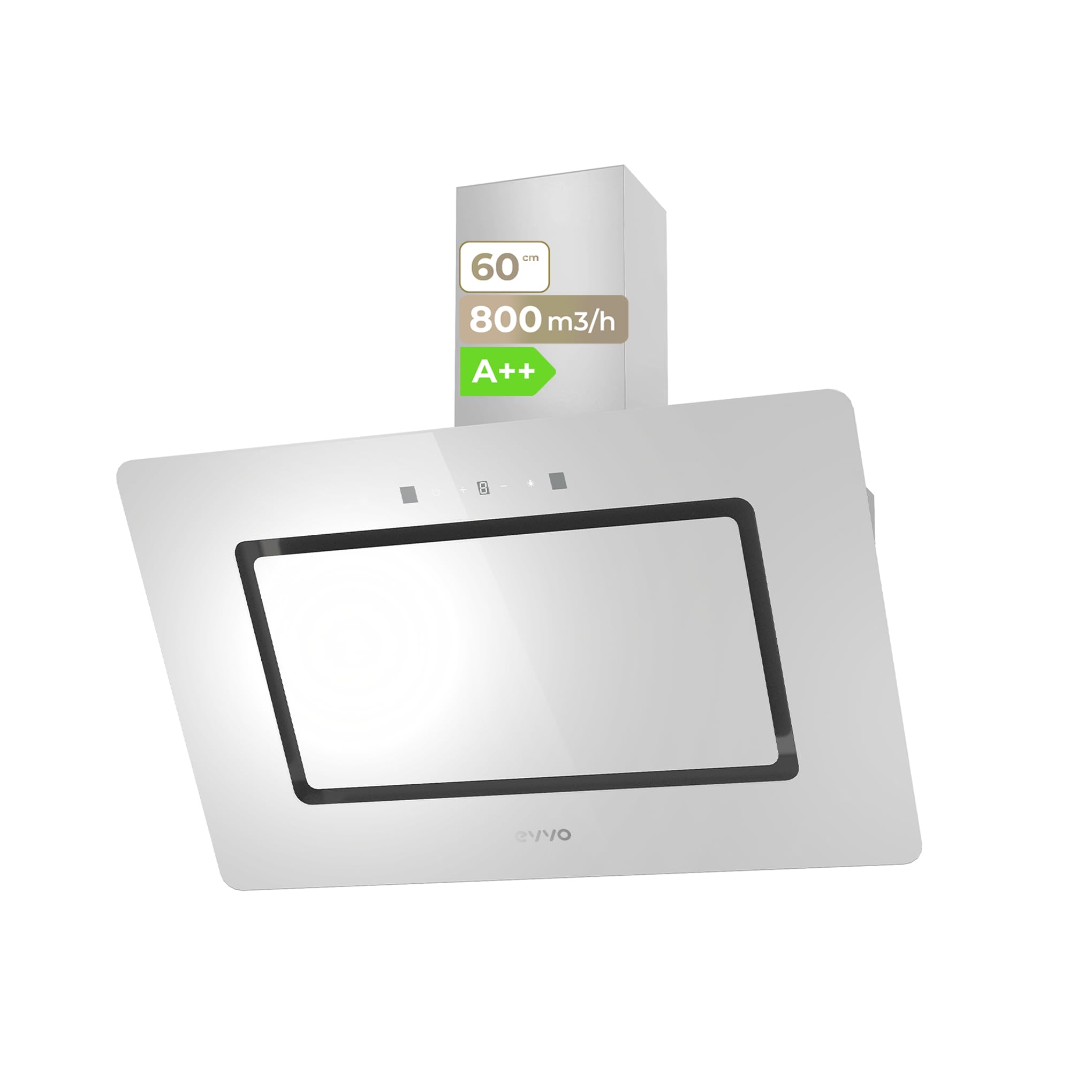 EVVO Campana Extractora 60 cm de Ancho Decorativa, Potencia 800 m³/h, Filtro Aluminio y Carbón Activo, Control Táctil y Gestual, Eficiencia Energética A++, CE43 Cristal White