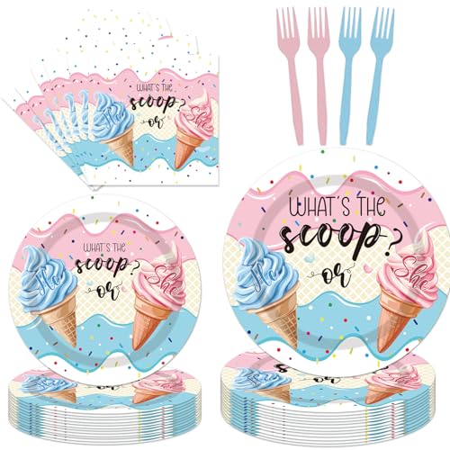 96PCS Whats The Scoop Plates and Napkins Party Supplies Whats The Scoop Gender Reveal Decorations Ice Cream Gender Reveal Party Decorations Disposable Paper Tableware Set Serves 24 Guests