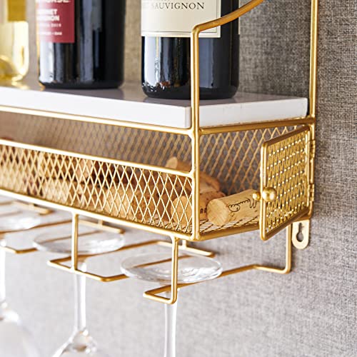 Twine Gold Wall Mounted Wine Rack, Holds 8 Standard Wine Bottles, Wood And Cast Iron, Cork Storage, Holds 5 Wine Glasses, Gold Finish #TOP4